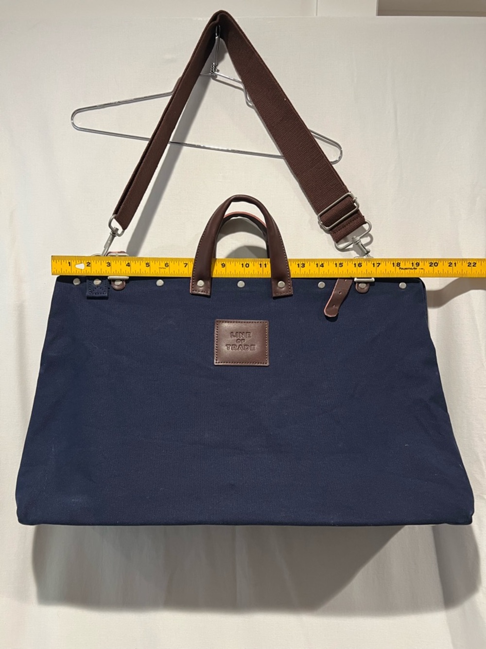 Line & Trade Navy Canvas Duffel with Brown Leather Trim Shoulder Strap Handles